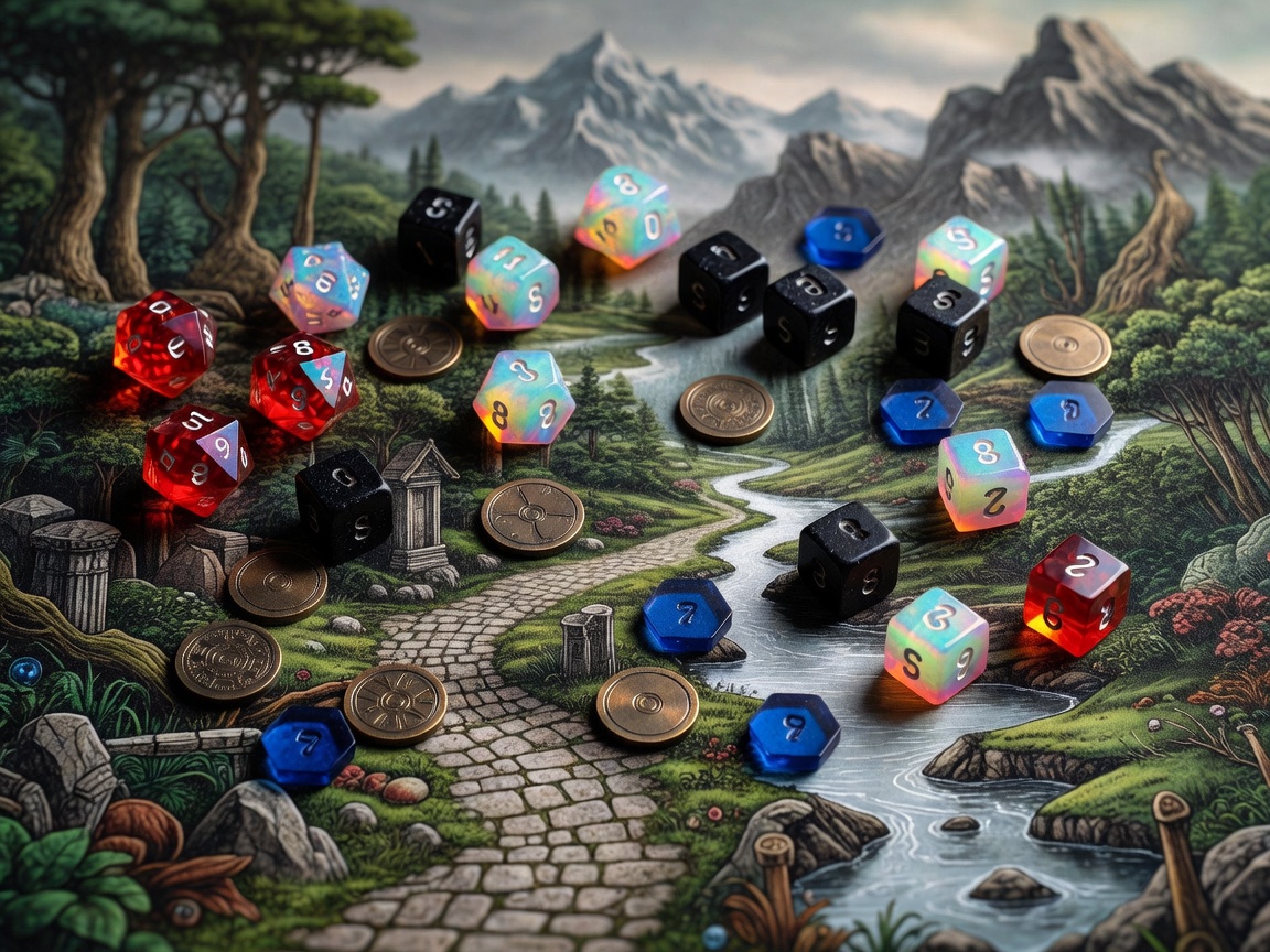 Dice and life counters resting on a detailed playmat