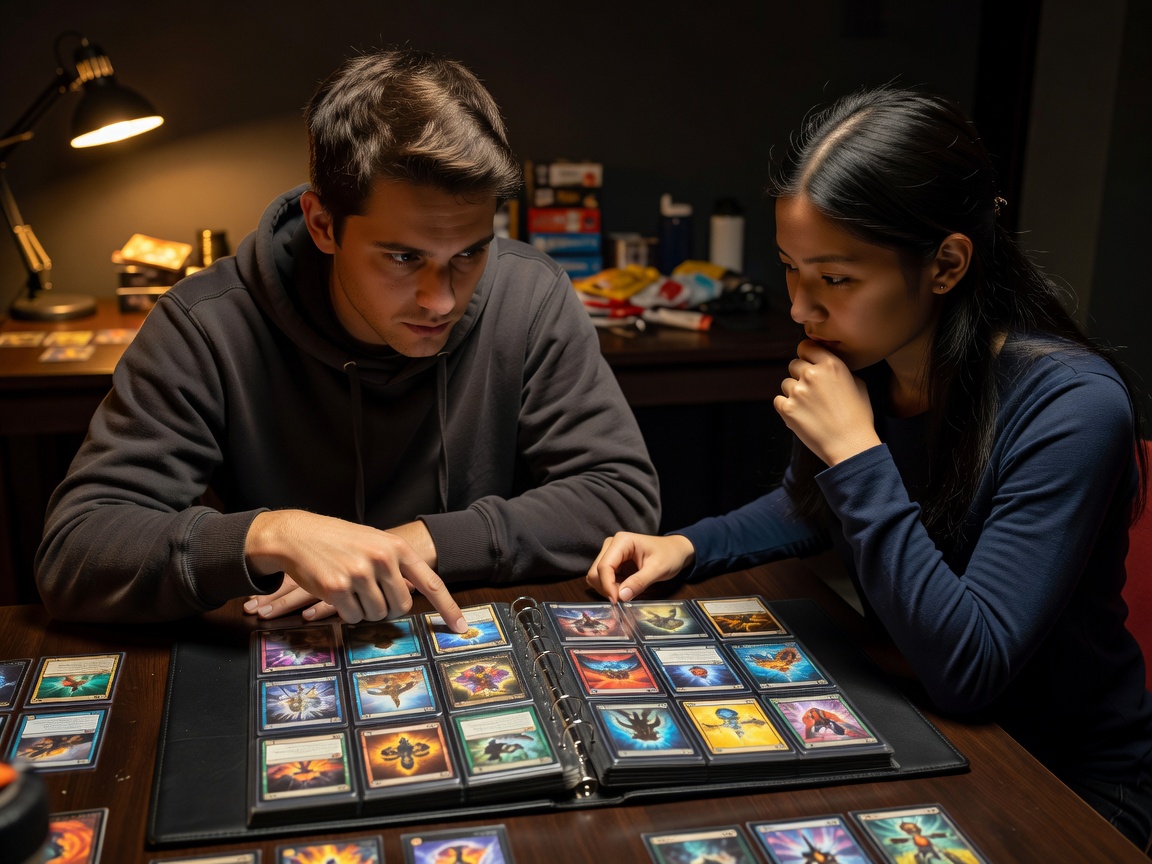 Two players discussing strategy over a binder of cards