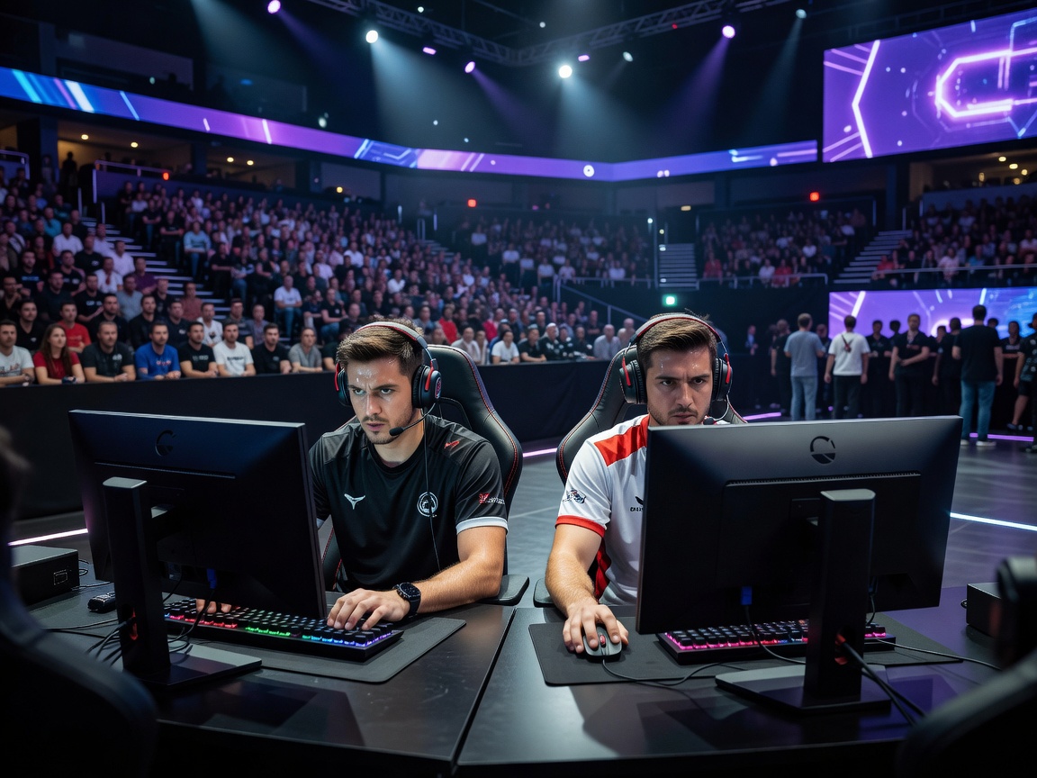 Two players intensely focused on a match in a large tournament hall